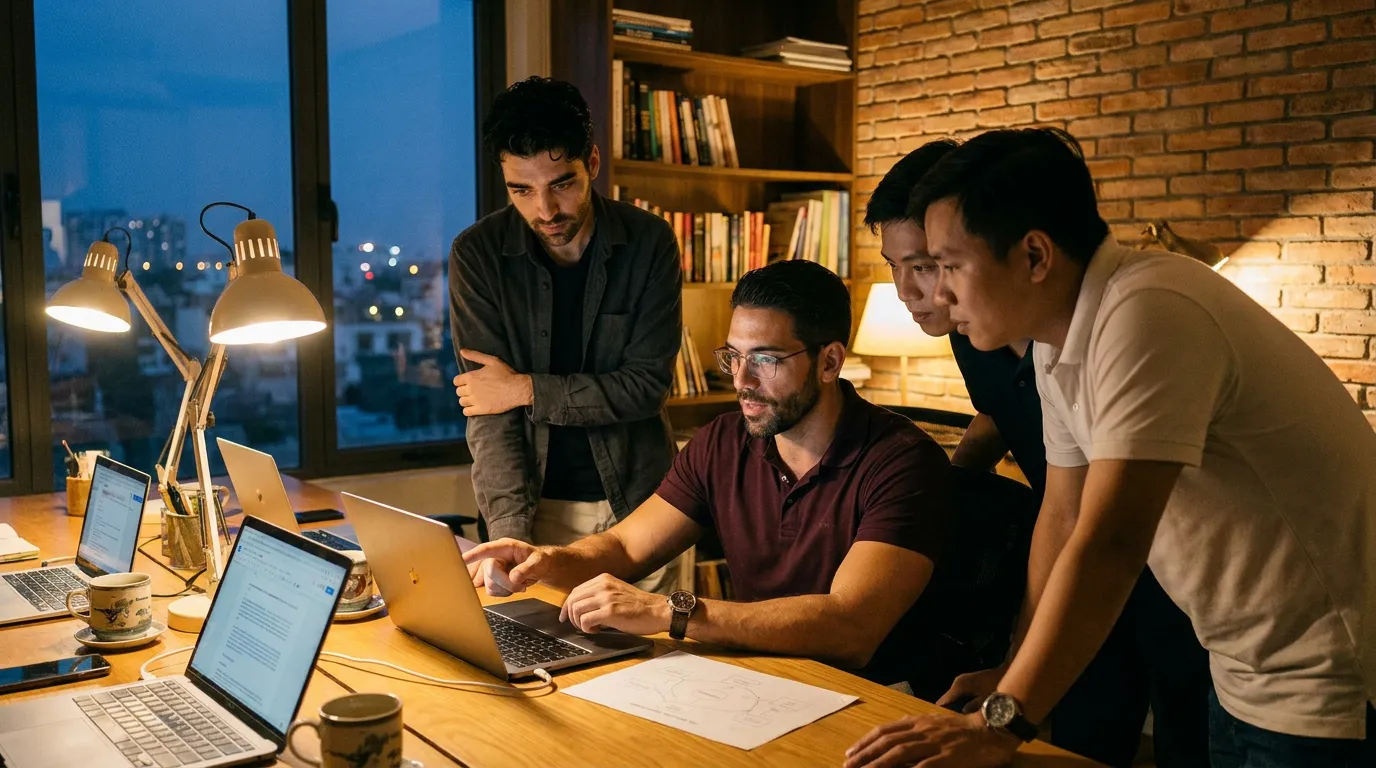 A small SOPAI team building an AI-powered solution together at laptops in a warm evening workspace