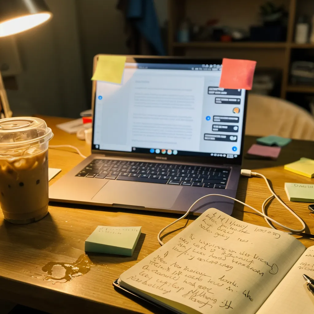 A laptop showing an AI assistant conversation beside a notebook of handwritten notes