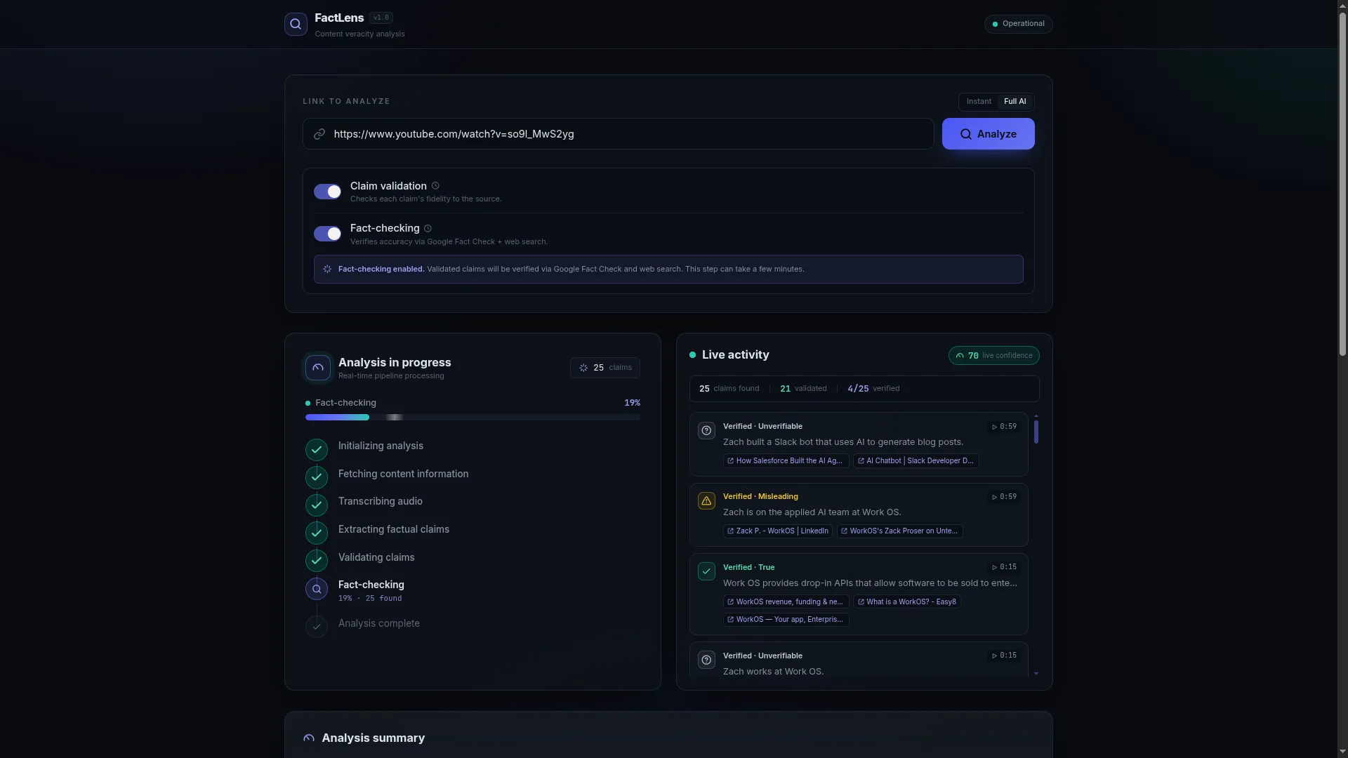 FactLens — the analysis view