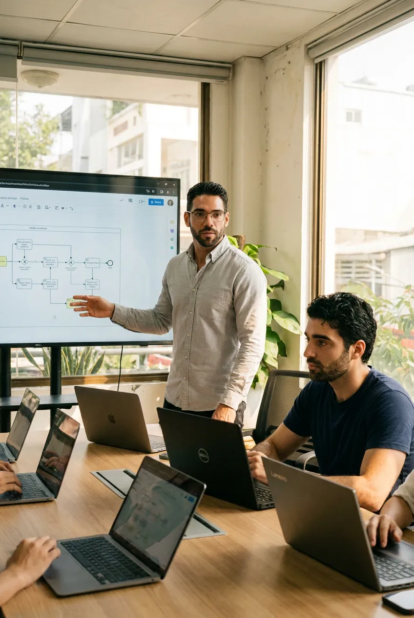 A facilitator leading an AI enablement session with a focused team around a meeting-room table in Ho Chi Minh City