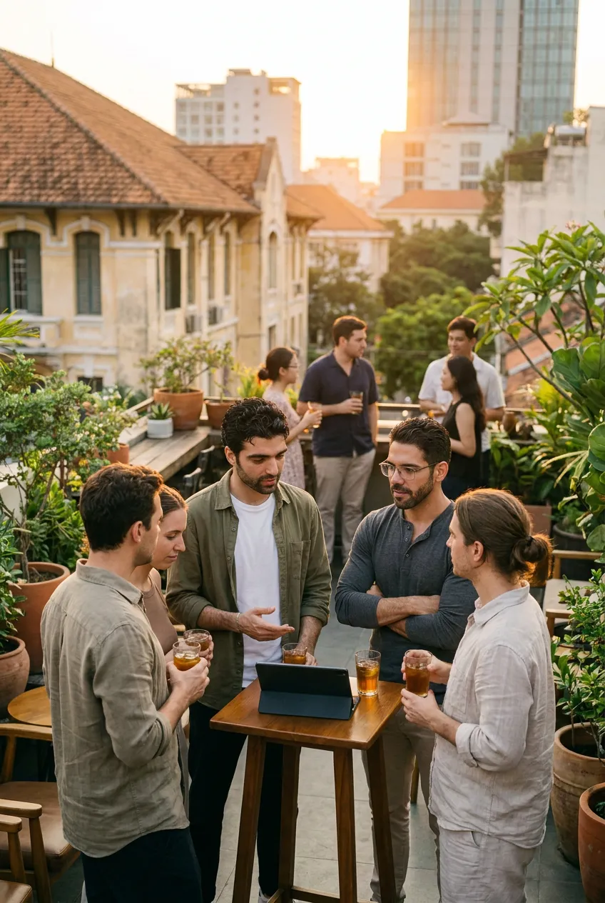 A team and the SOPAI founders talking together on a rooftop terrace at sunset in Ho Chi Minh City