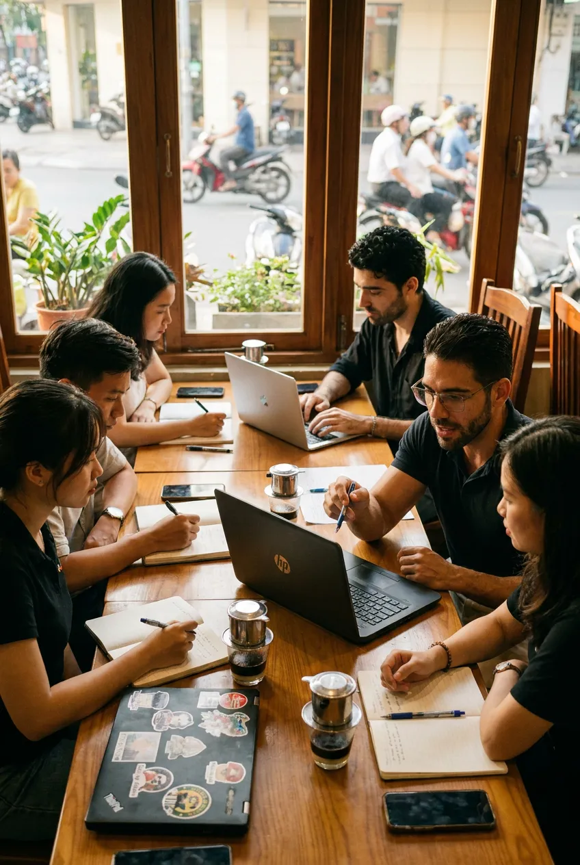 A SOPAI working session with the team gathered around a café table in Ho Chi Minh City
