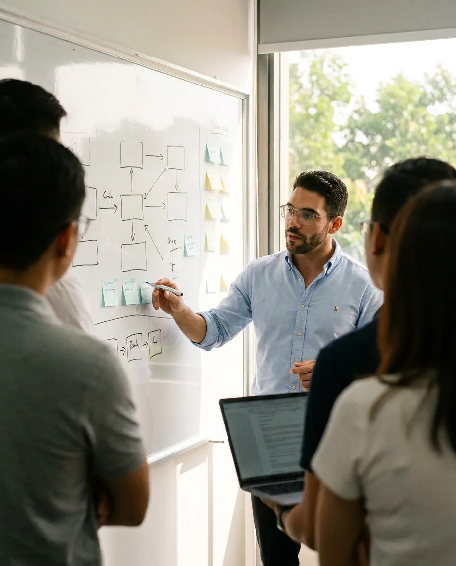 Mapping a workflow on a whiteboard with sticky notes during a working session