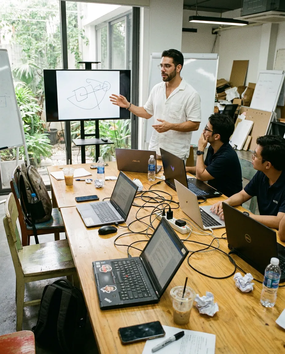 A SOPAI facilitator working hands-on with a developer team over laptops in a warm Saigon workspace
